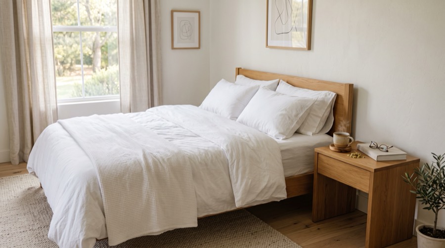A serene, restful bedroom in morning light