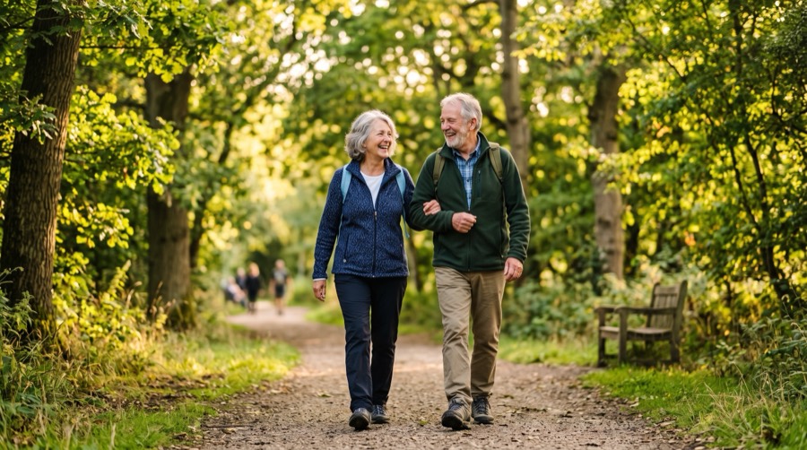 A mature couple walking together in a park